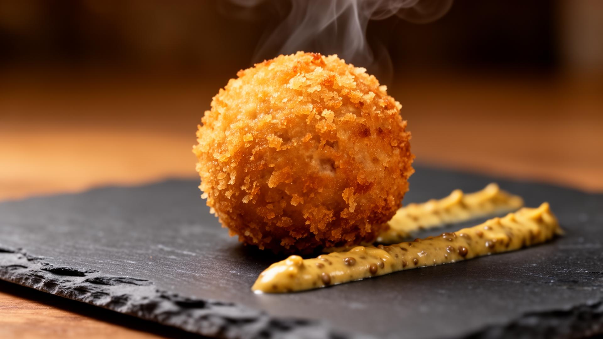 Een perfect gefrituurde goudbruine Dé Bitterbal met een streepje mosterd
